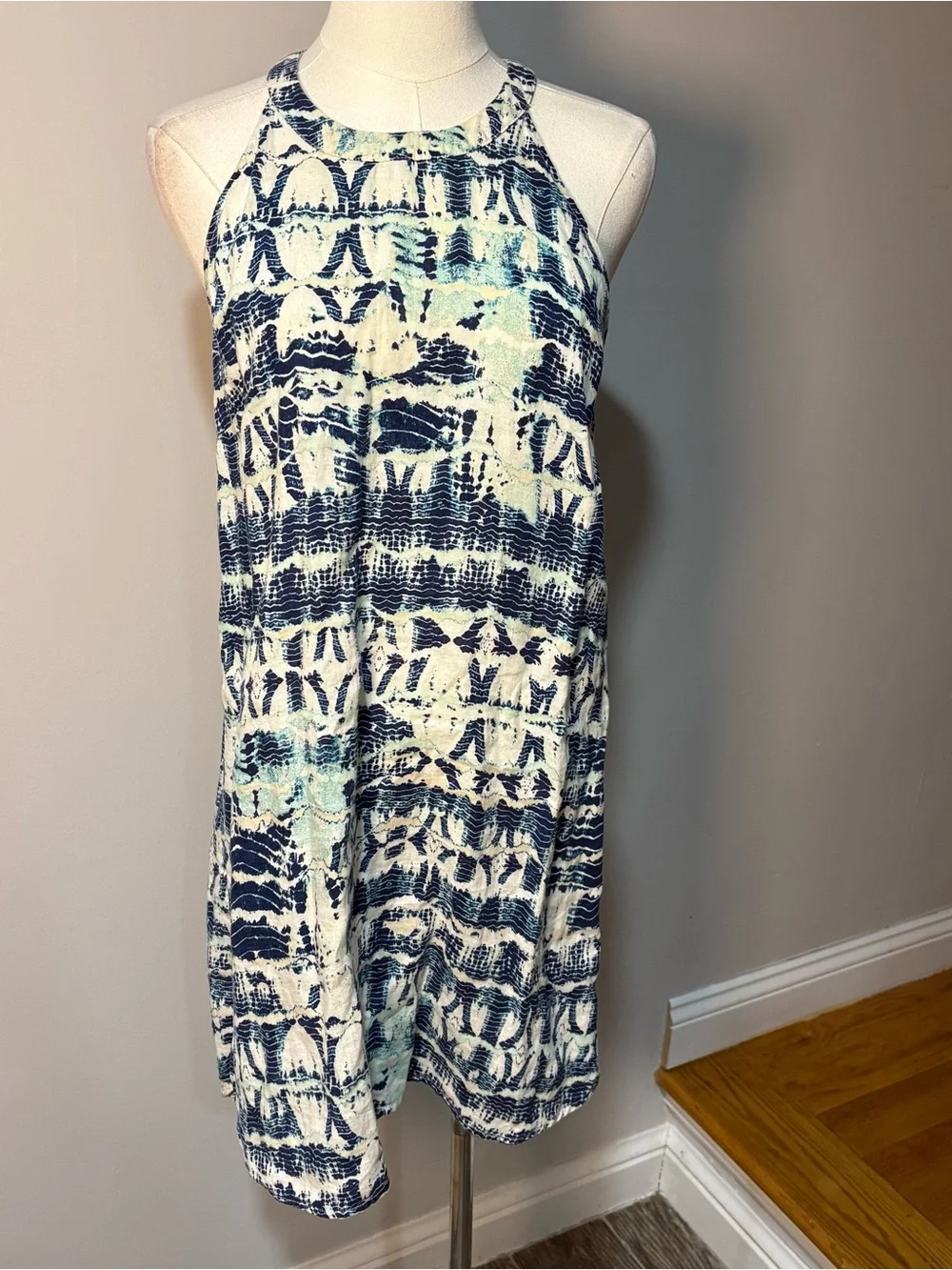 100% Linen Blue‎ White Tie-Dye Sleeveless Shift Dress Sz S Coastal Nautical
